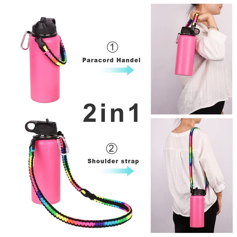 Wongeto Paracord Handle Carrier Holder with Shoulder Strap,Compatible with Hydro Flask Wide Mouth Water Bottles 12oz - 64 oz Water Bottle for Walking Hiking Camping (Rainbow) - Image 3